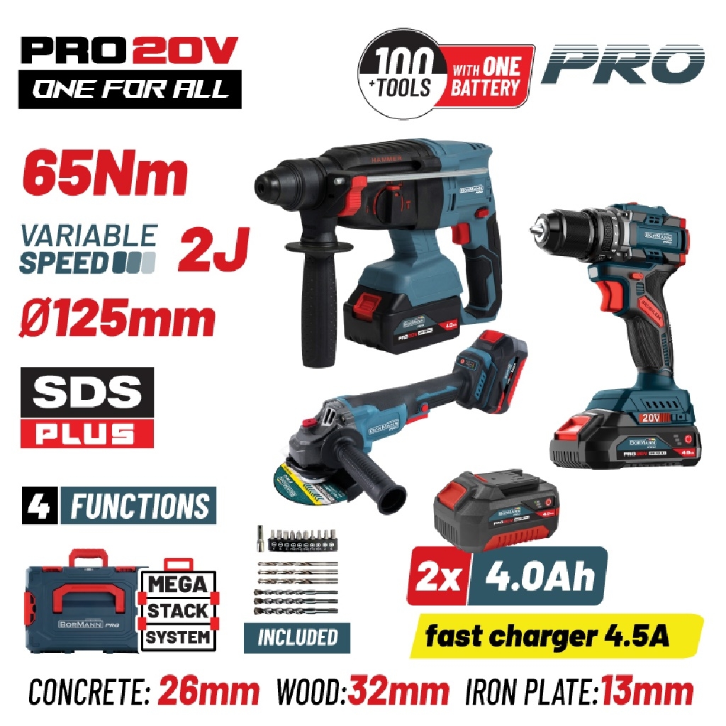 Εργαλεία μπαταρίας - BORMANN Pro BBP5436X44T3CA Σετ Compact Brushless Kρουστικό Δραπ/βιδο &amp;amp; Γωνιακός Τροχός Brushless